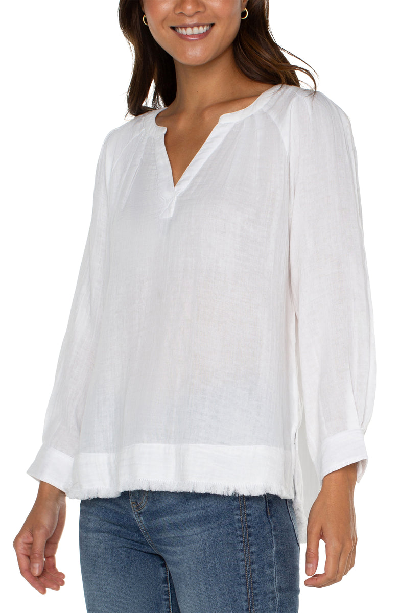 3/4 Sleeve Raglan Top w/Pleats & Fray Hem