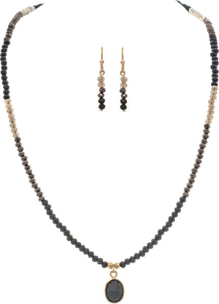 Gold Black Bead Stone Drop Necklace Set