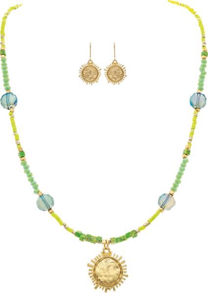 Gold Green Seed Bead Sun Charm Necklace