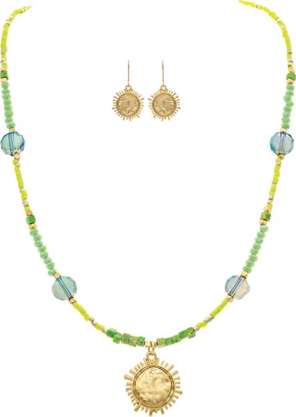 Gold Green Seed Bead Sun Charm Necklace - FINAL SALE