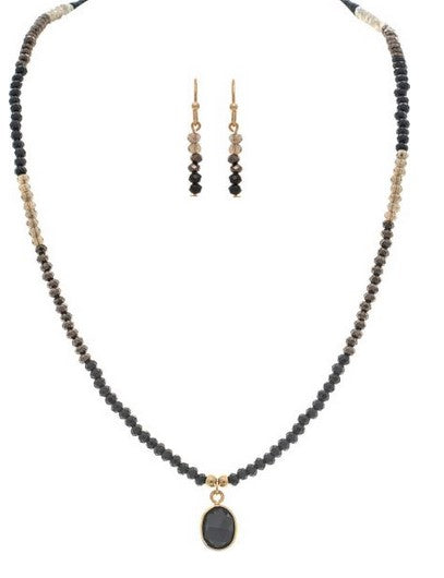 Gold Black Bead Stone Drop Necklace Set