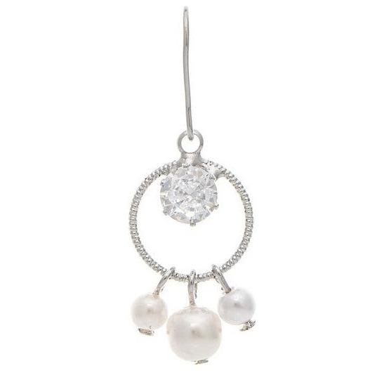 Silver CZ Faux Pearl Circle Drop Earring