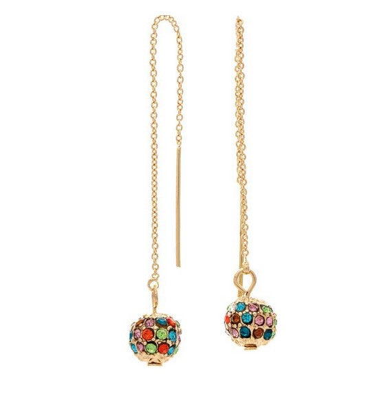 Gold Multi Color Crystal Ball Thread Chain Earring