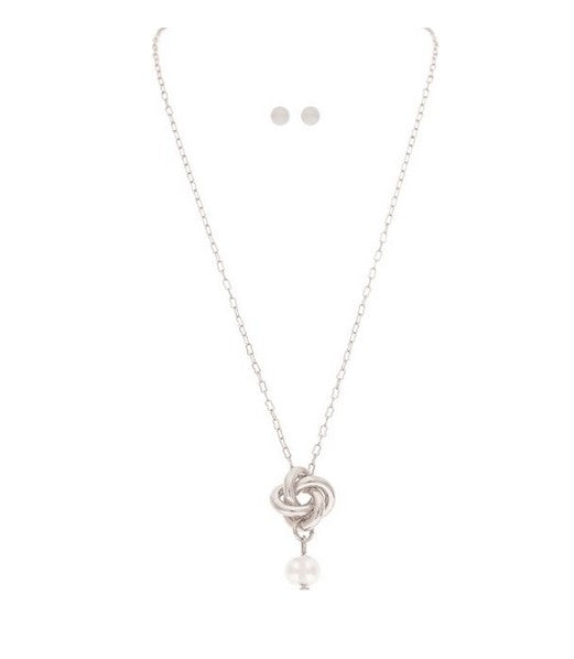 Silver Love Knot Fresh Water Pearl Drop Necklace Set