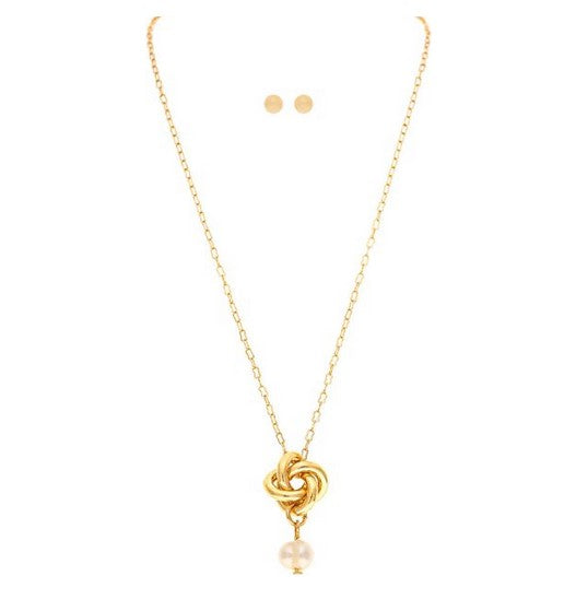 Gold Love Knot Fresh Water Pearl Drop Necklace Set