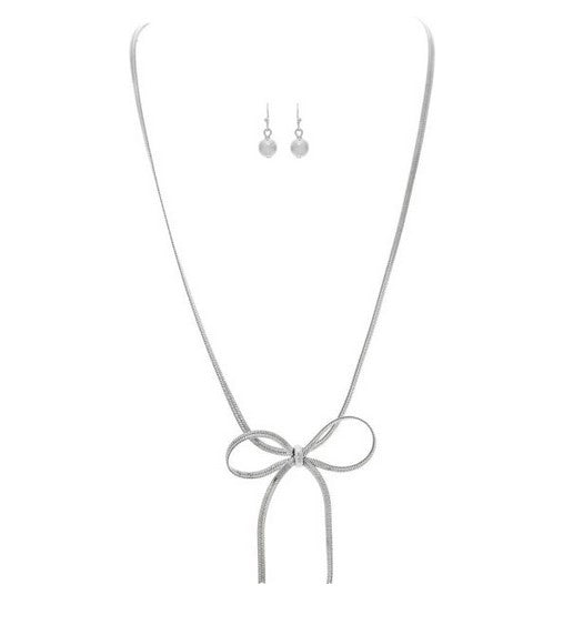 Silver Herringbone Chain Bow Tie Necklace Set 