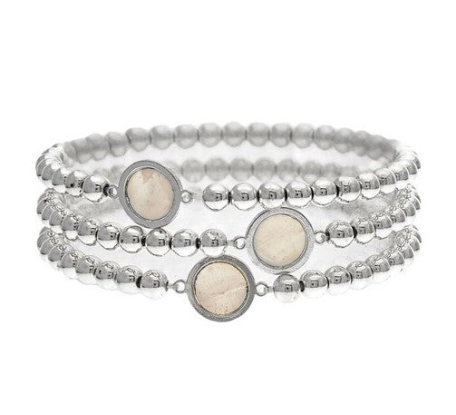 Silver Disc Shell Three Piece Bracelet Set