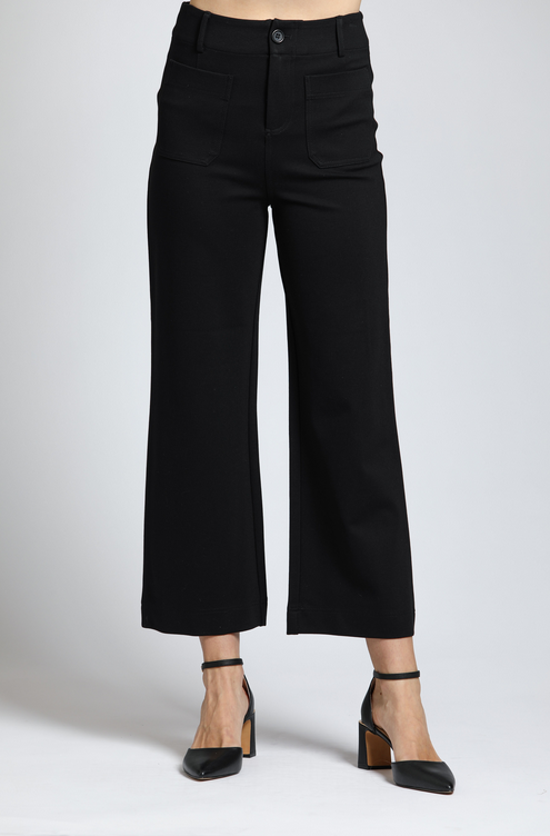 Black Ponte Wide Leg Cropped Patch Pocket Pant