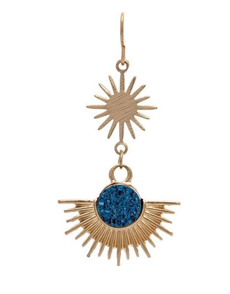 Gold Celestial Blue Druzy Crescent Drop Earring