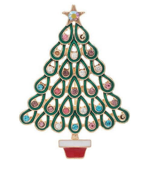 Gold Multicolor Crystal Christmas Tree Pin