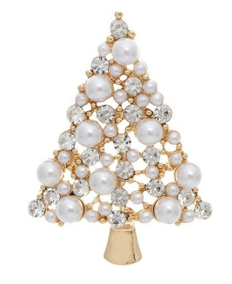 Gold Crystal Pearl Christmas Tree Pin