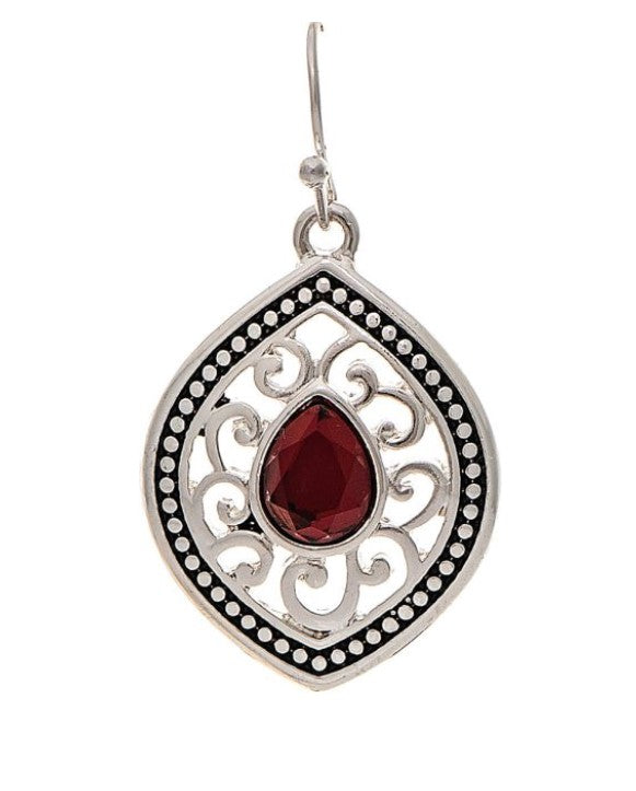 Silver Filigree Ellipse Red Gem Earring