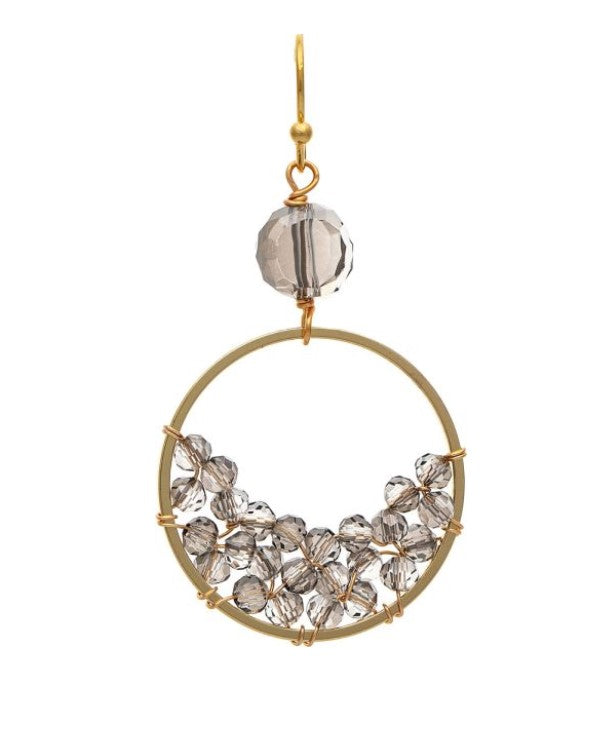 Gold Grey Glass Bead Filled Circle Drop Earring