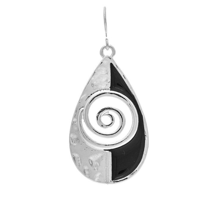 Silver Black Inlay Swirl Teardrop Earring