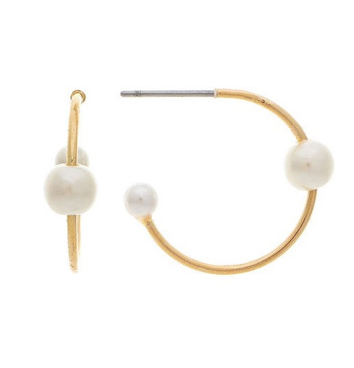 Gold Faux Pearl Mini Post Hoop Earring