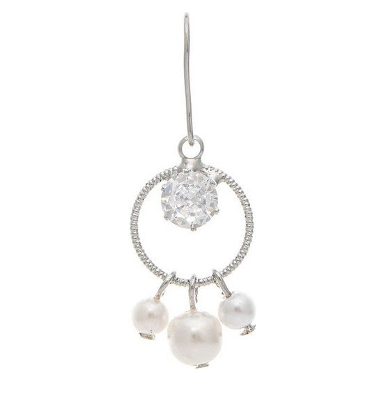 Silver CZ Faux Pearl Circle Drop Earring