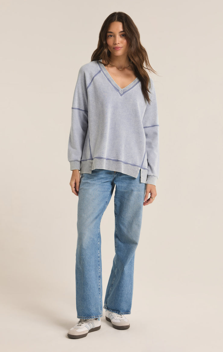 Washed Indigo Easy V-Knit Denim Sweatshirt - FINAL SALE