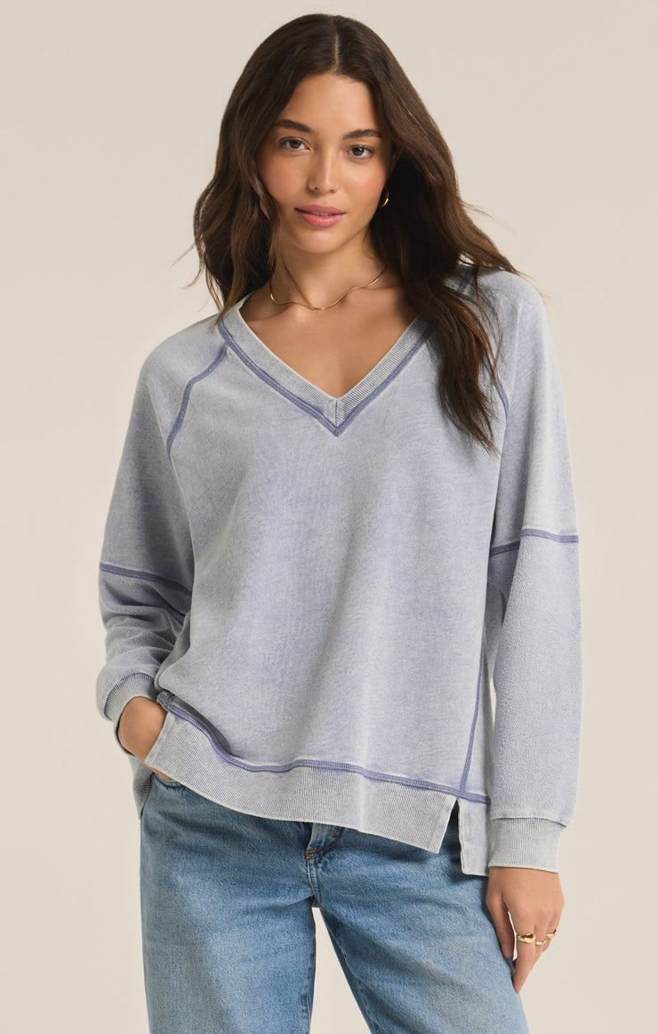 Washed Indigo Easy V-Knit Denim Sweatshirt - FINAL SALE