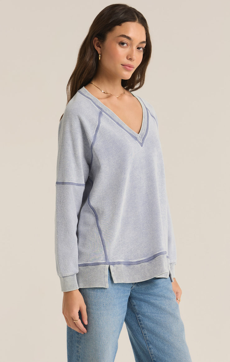 Washed Indigo Easy V-Knit Denim Sweatshirt - FINAL SALE