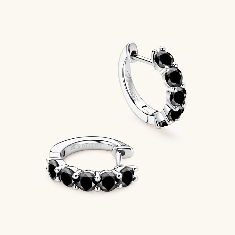 Silver & Black Dainty Moissanite Hoop Earrings 925 Sterling Silver