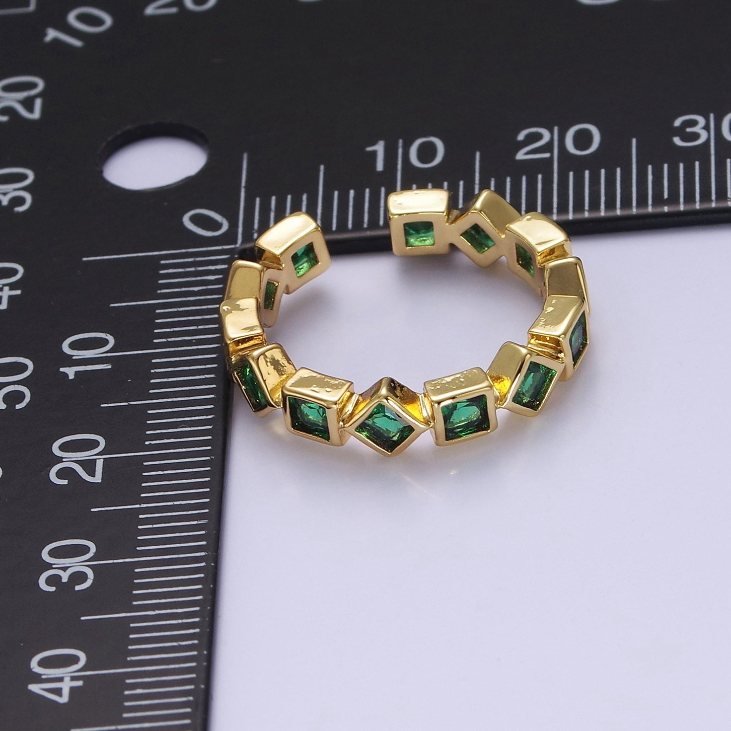 Chained Green Emerald CZ Square Open Ring