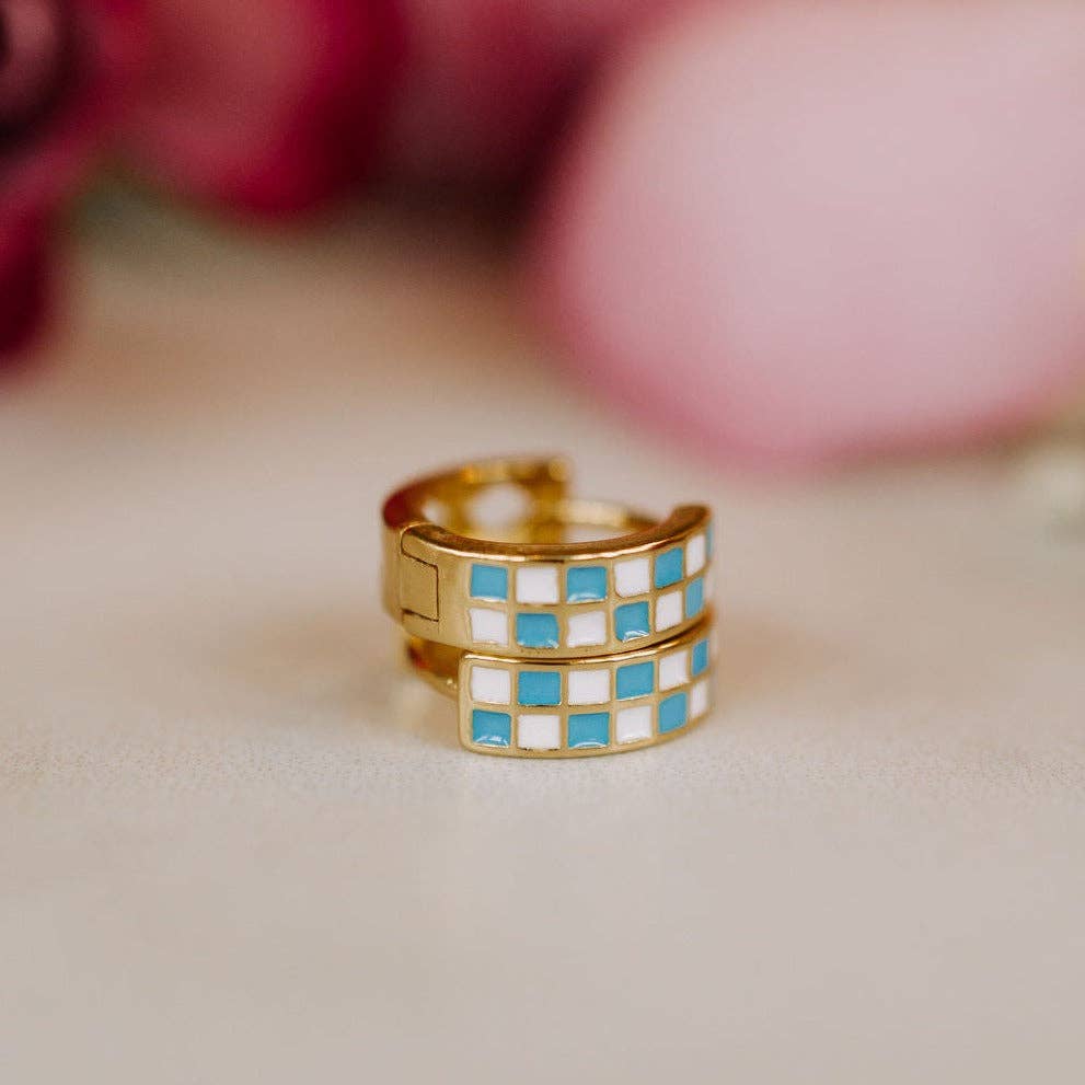 Blue & White Checkered Gold Hoops