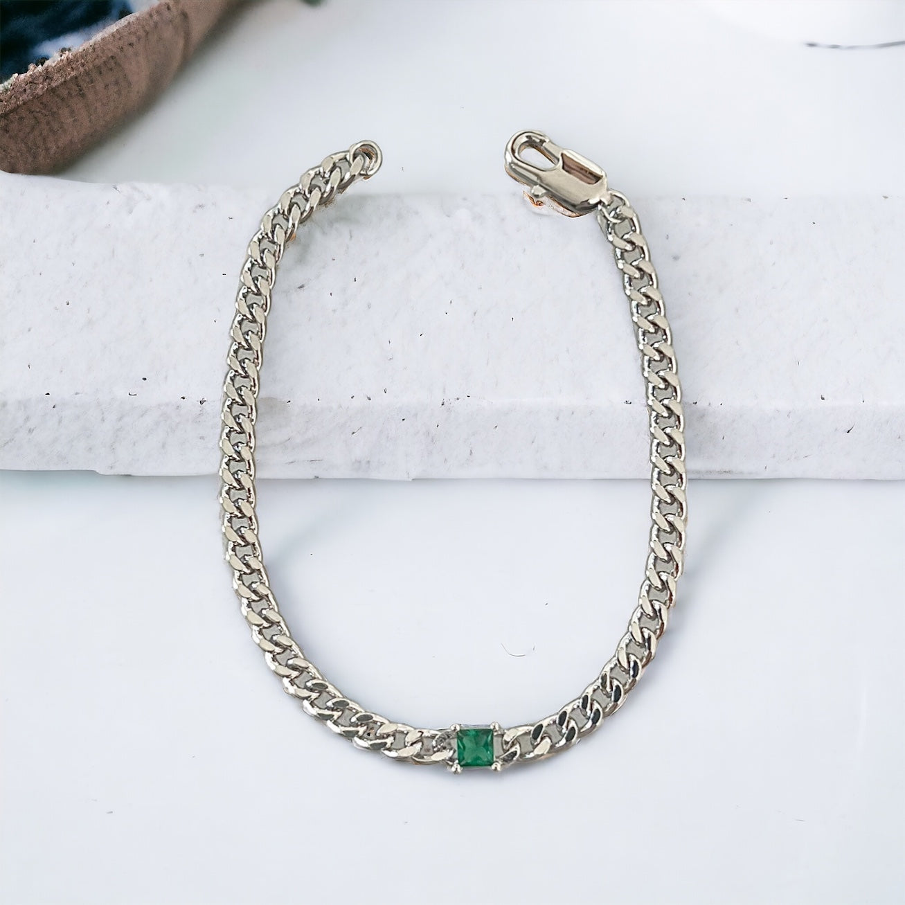 Silver Curb Chain Bracelet w/Floating Green CZ