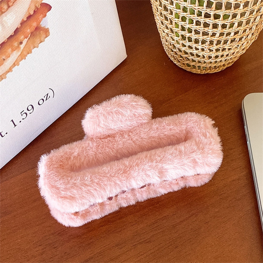 Pink Rectangular Fuzzy Claw Clips