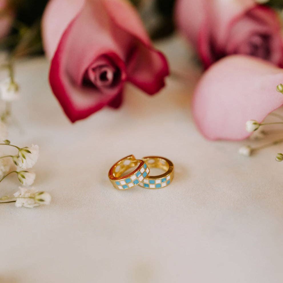 Blue & White Checkered Gold Hoops