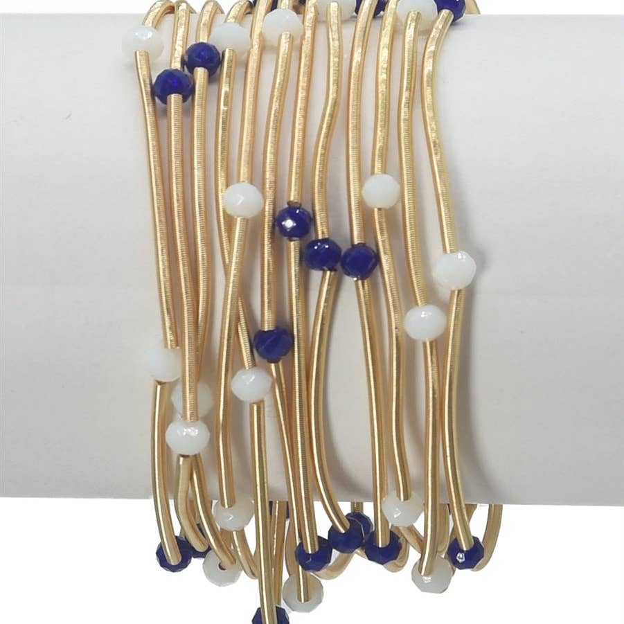 Gold Wired Stretch Bracelets w/Blue & White Set of 12