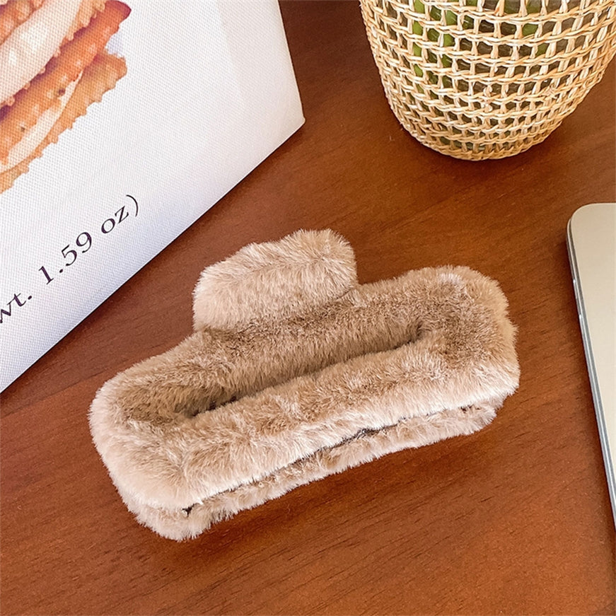 Beige Rectangular Fuzzy Claw Clips