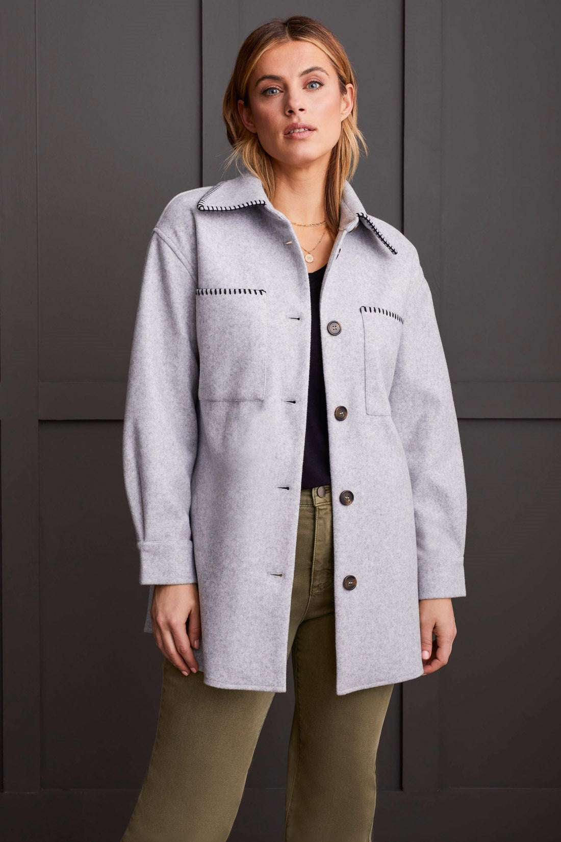 Grey Mix Button Front Blanket Stitch Coat