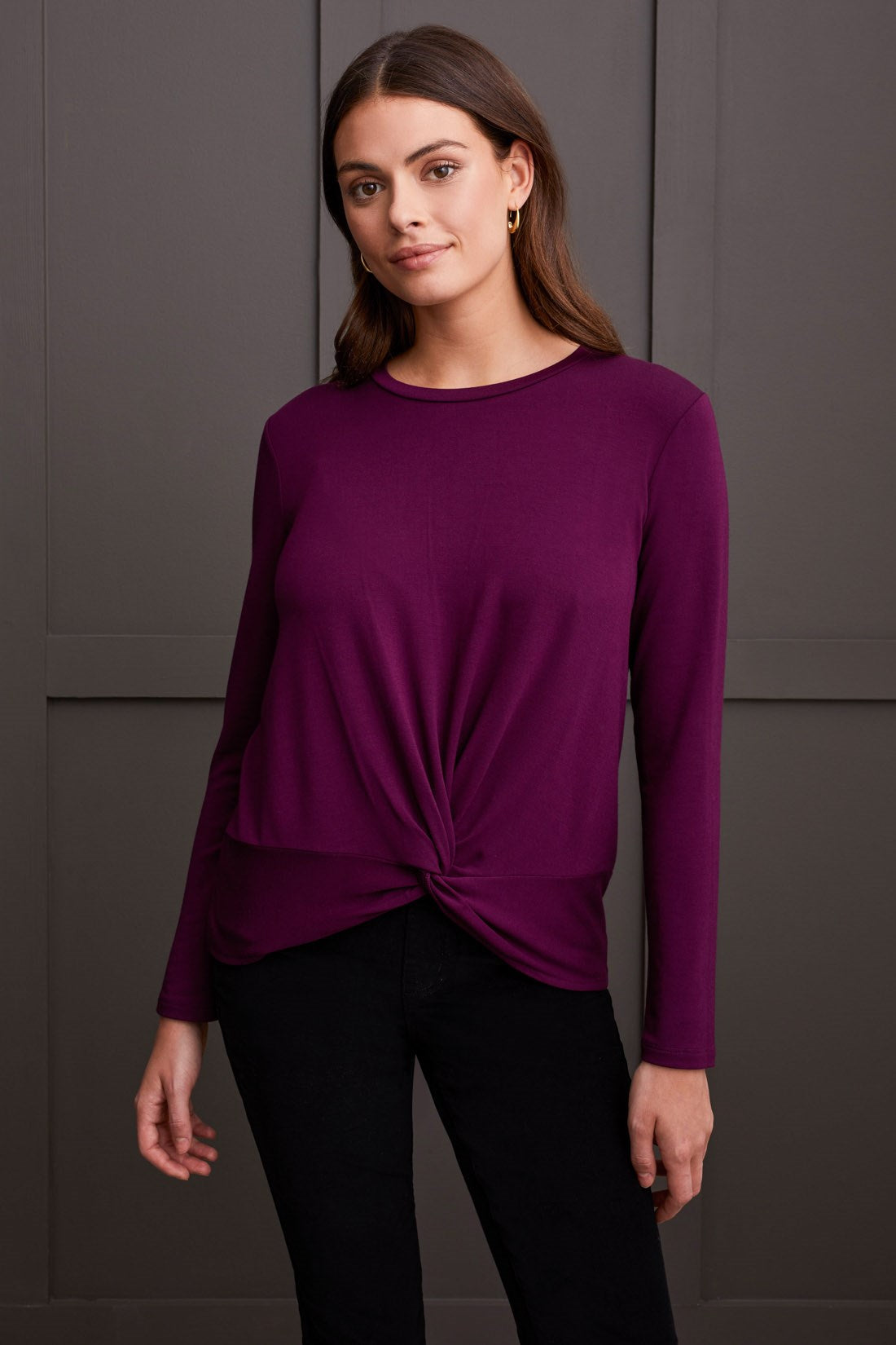 Dark Plum French Terry Knot Front Top