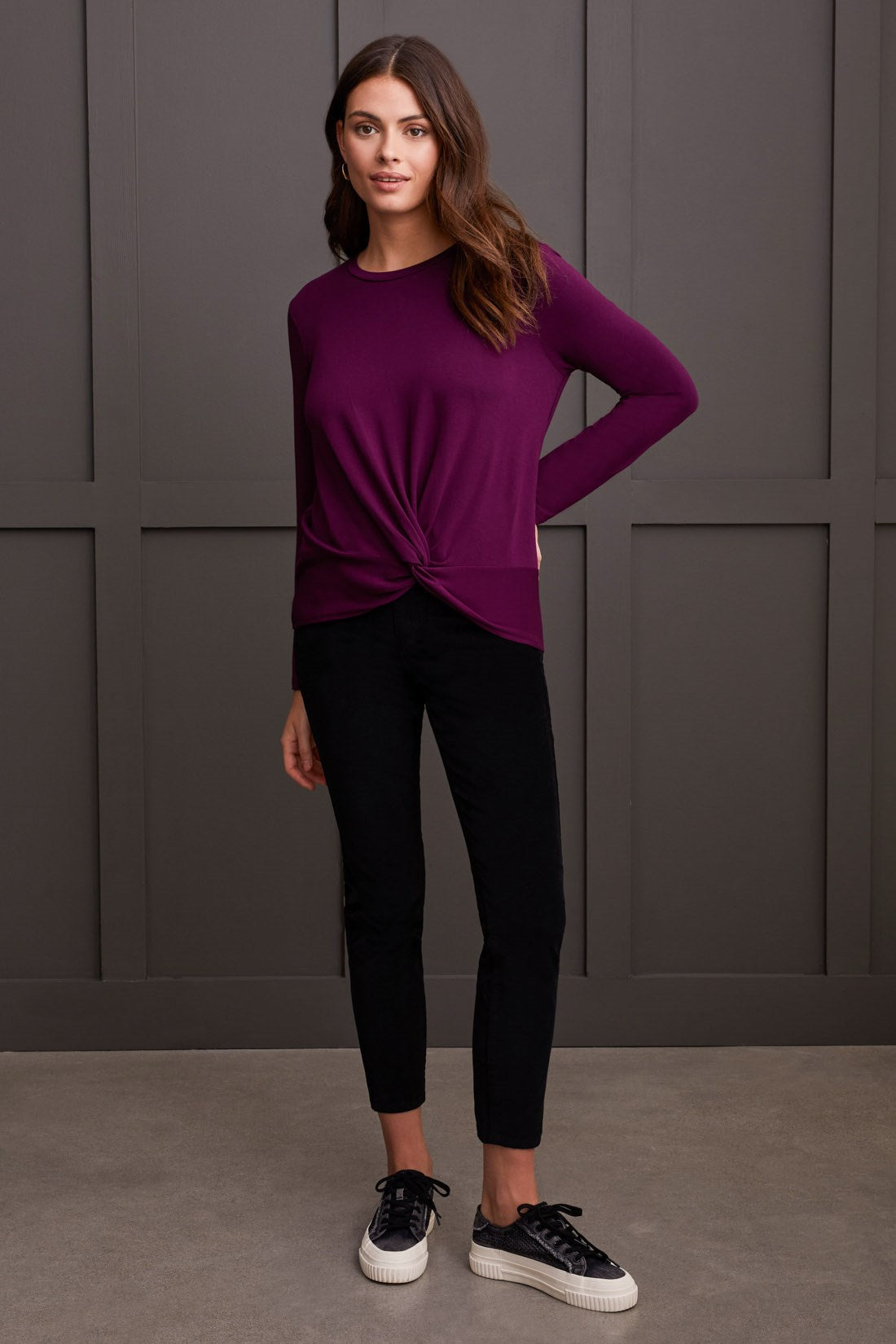 Dark Plum French Terry Knot Front Top