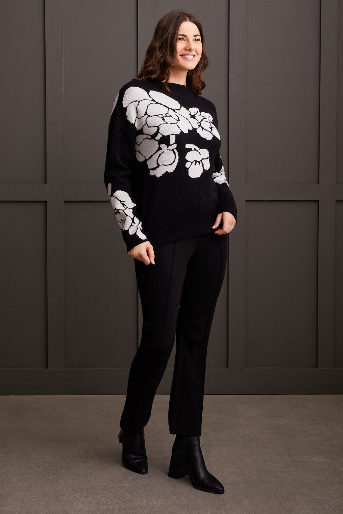 Black Floral Funnel Neck Sweater