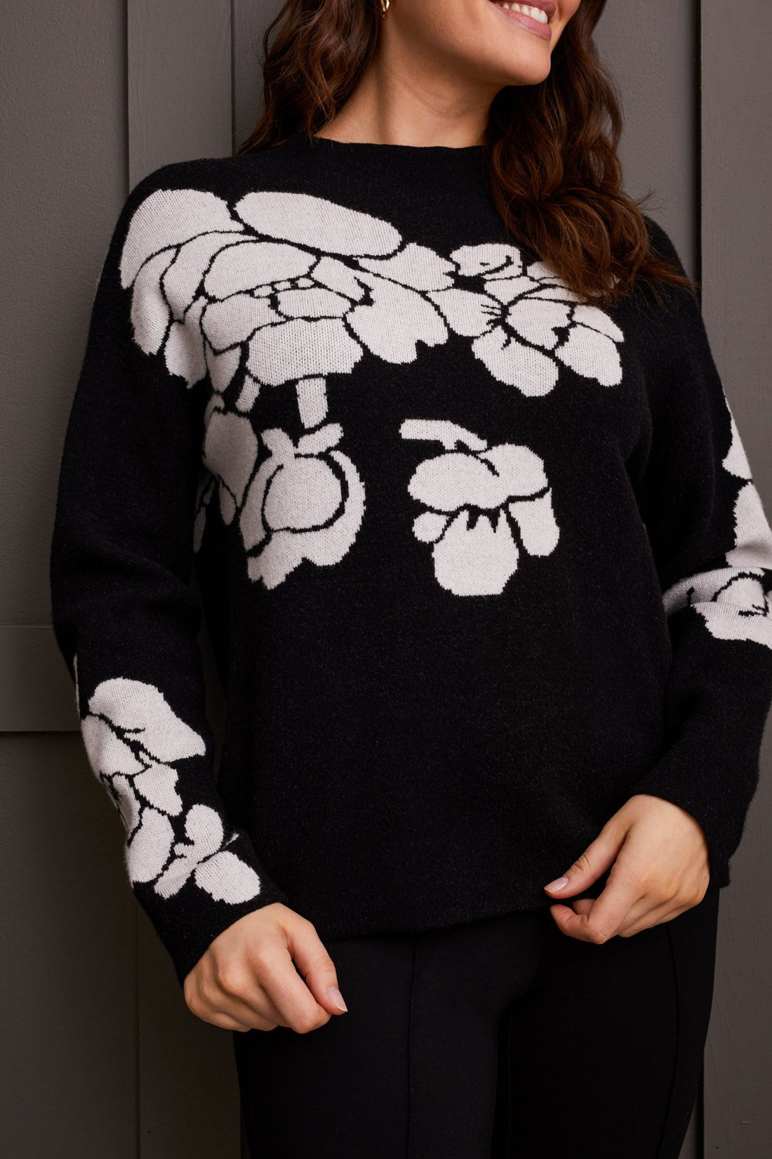 Black Floral Funnel Neck Sweater