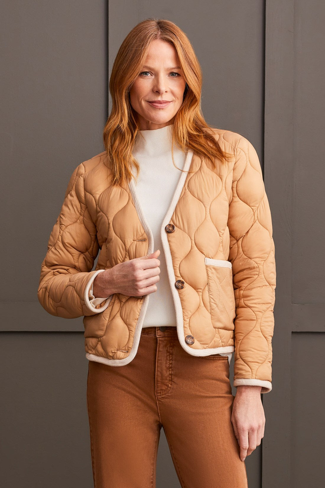 Tan Button Front Puffer Jacket