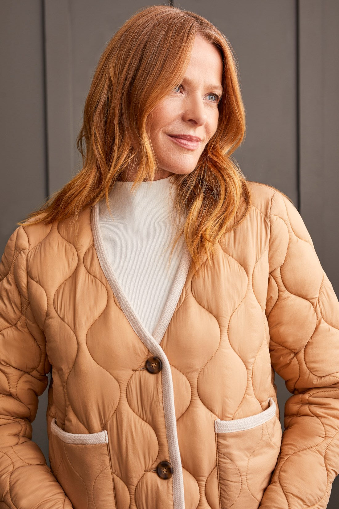 Tan Button Front Puffer Jacket