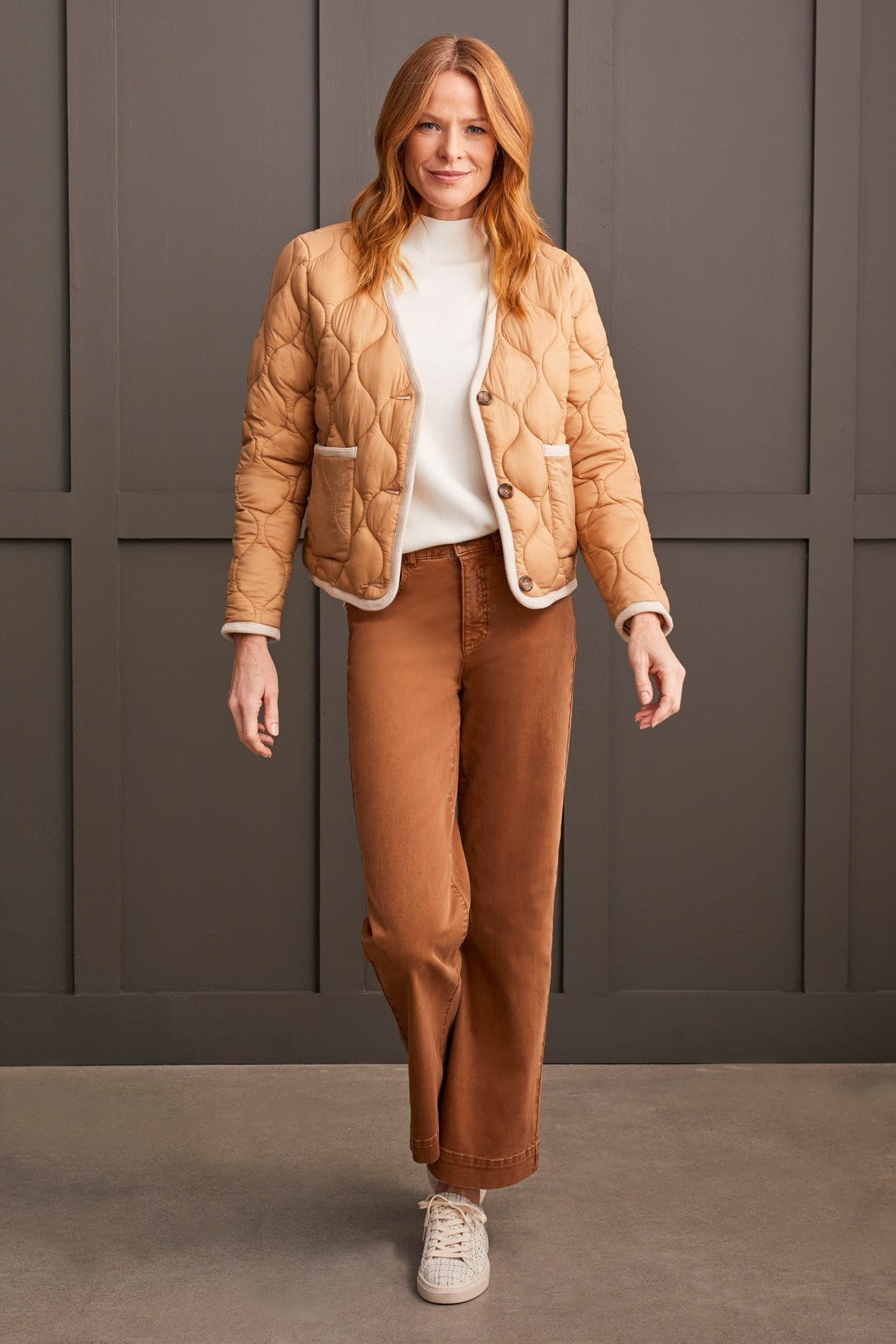 Tan Button Front Puffer Jacket