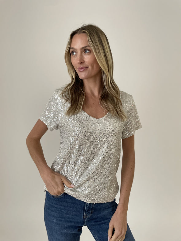 Anna Sequin Scoop Neck Silver Top