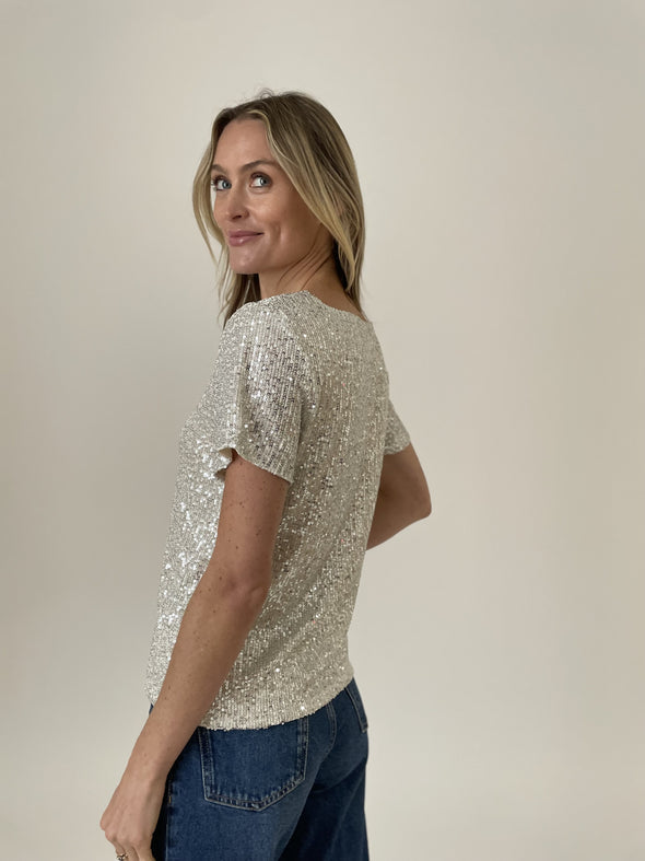 Anna Sequin Scoop Neck Silver Top