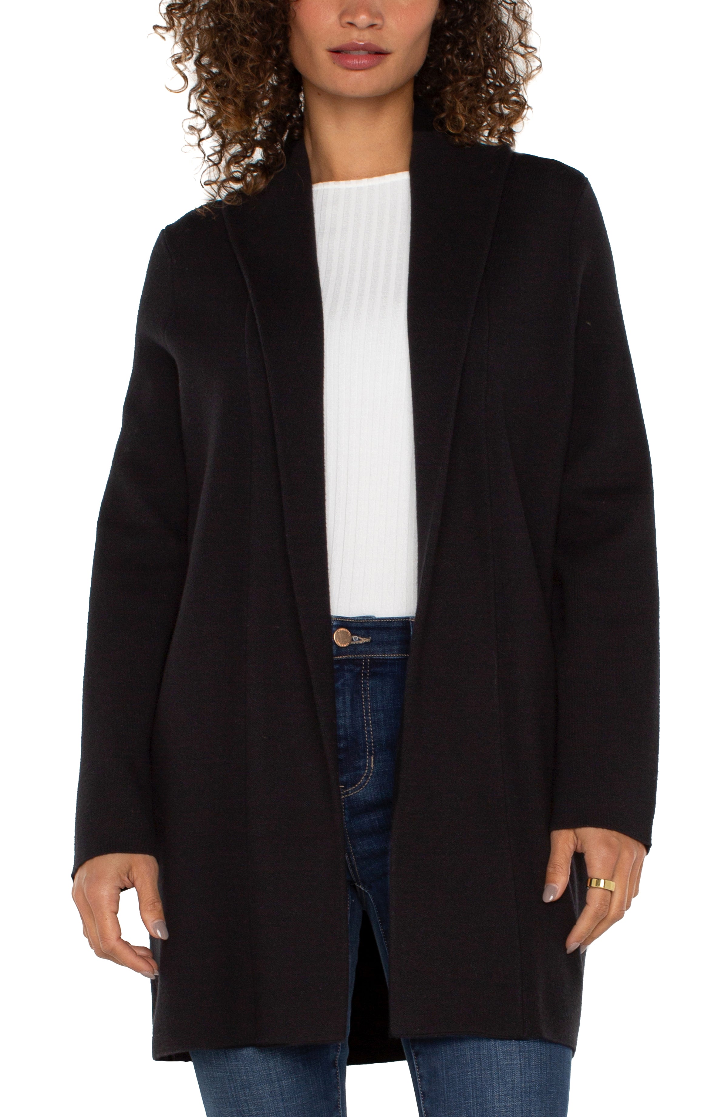 Black Long Sleeve Open Front Shawl Sweater Coat