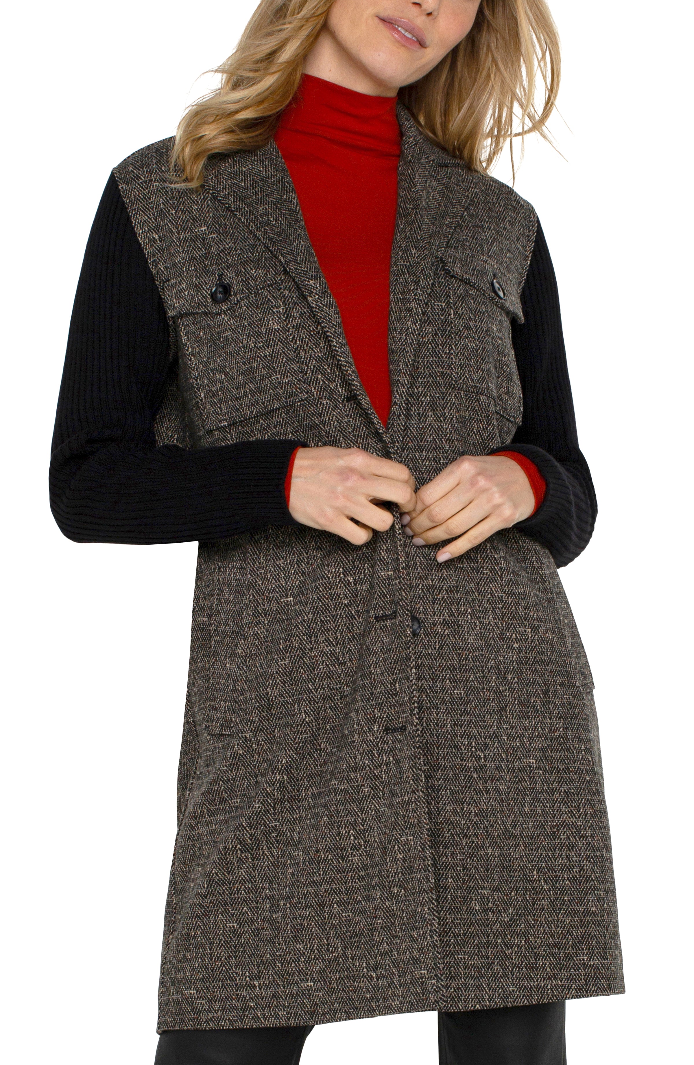 Black Tan Herringbone Coatigan w/Sweater Sleeves