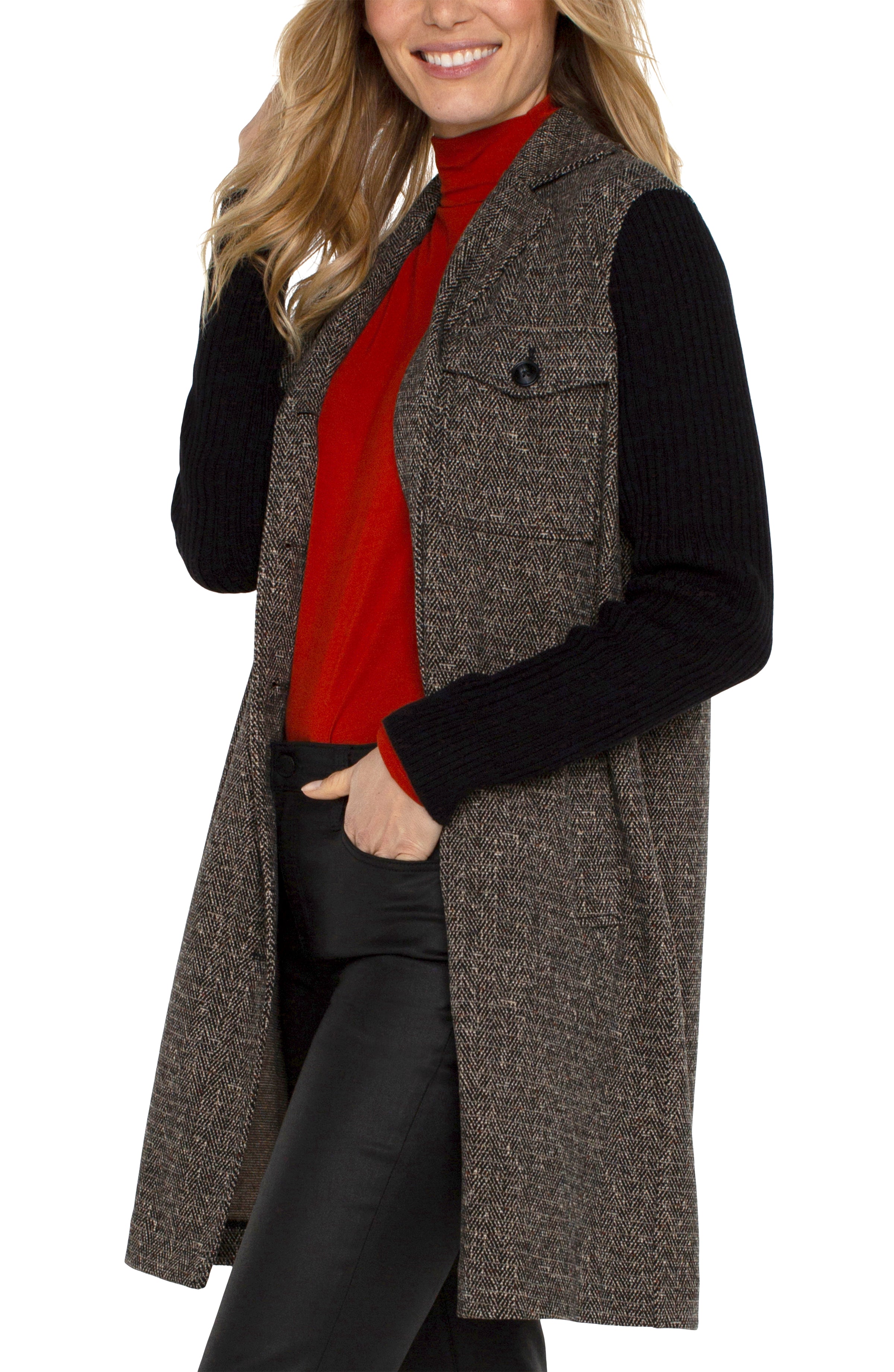 Black Tan Herringbone Coatigan w/Sweater Sleeves