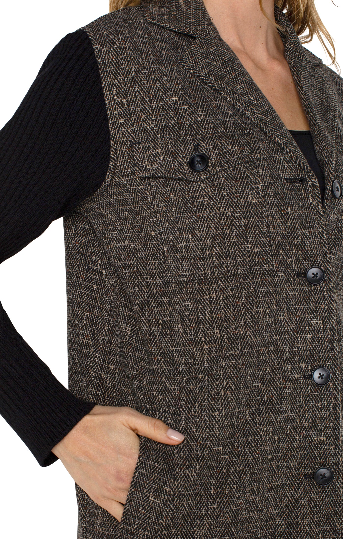 Black Tan Herringbone Coatigan w/Sweater Sleeves