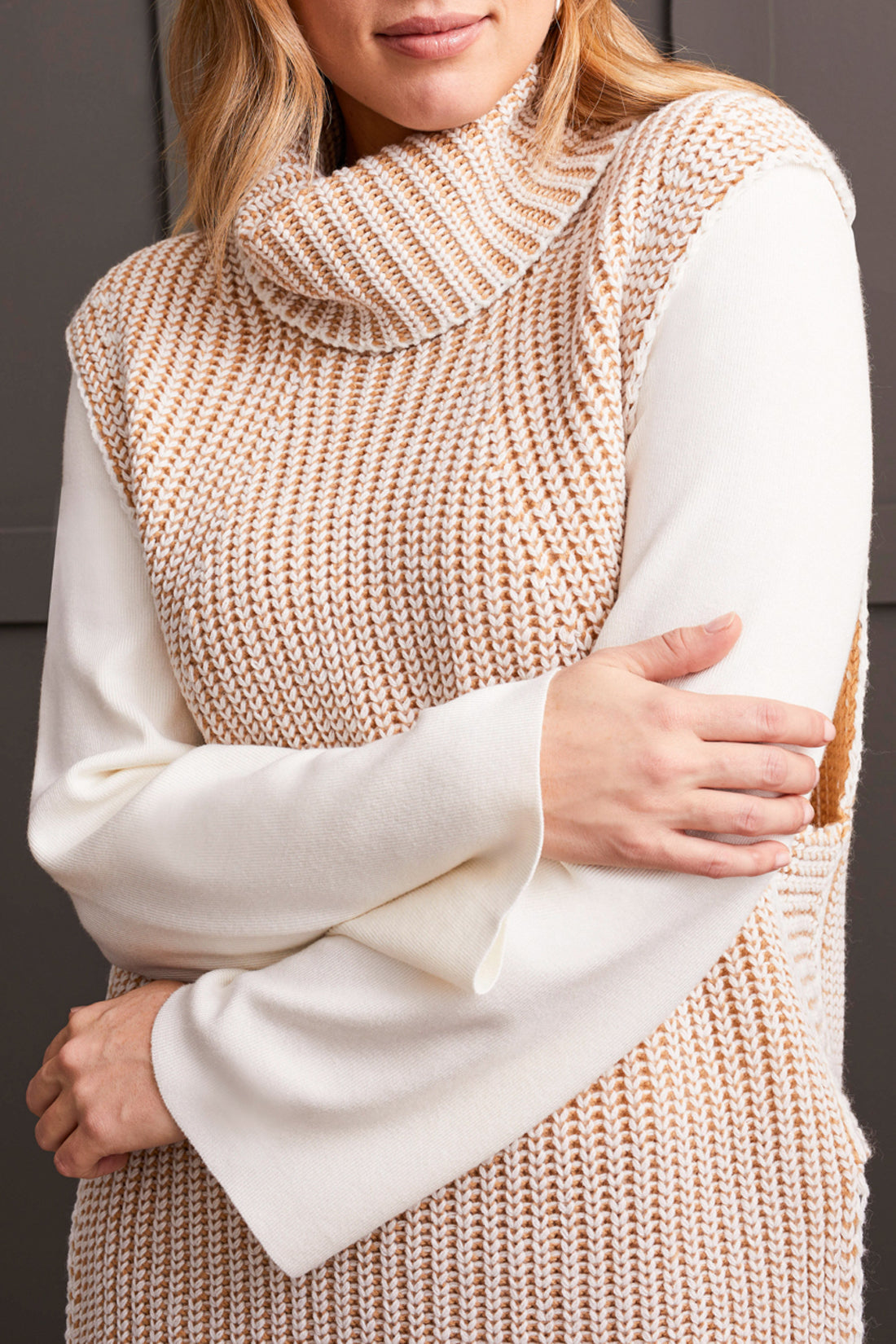 Tan Plaited Cowl Neck Vest Sweater