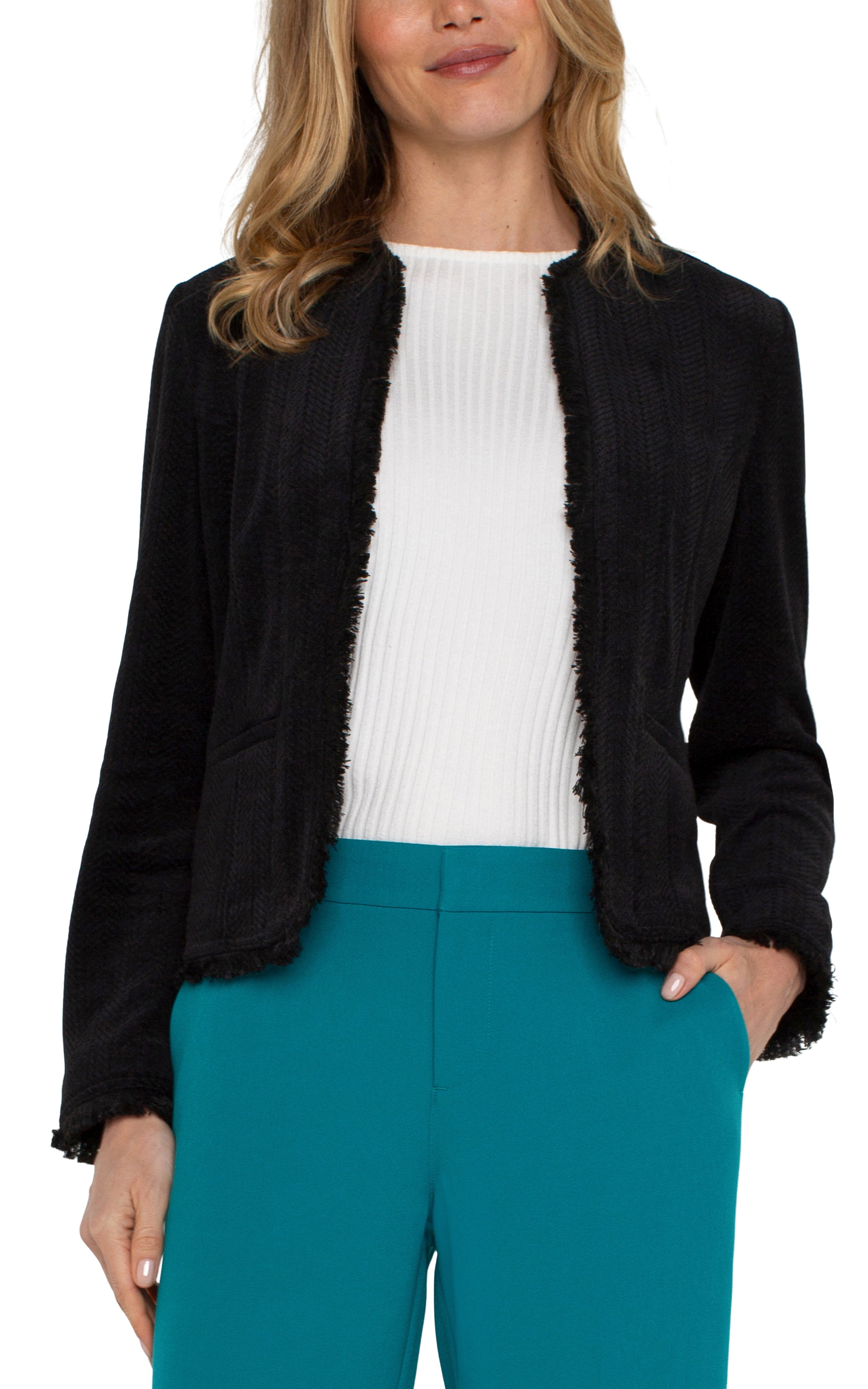 Black Collarless Jacket w/Frayed Edges