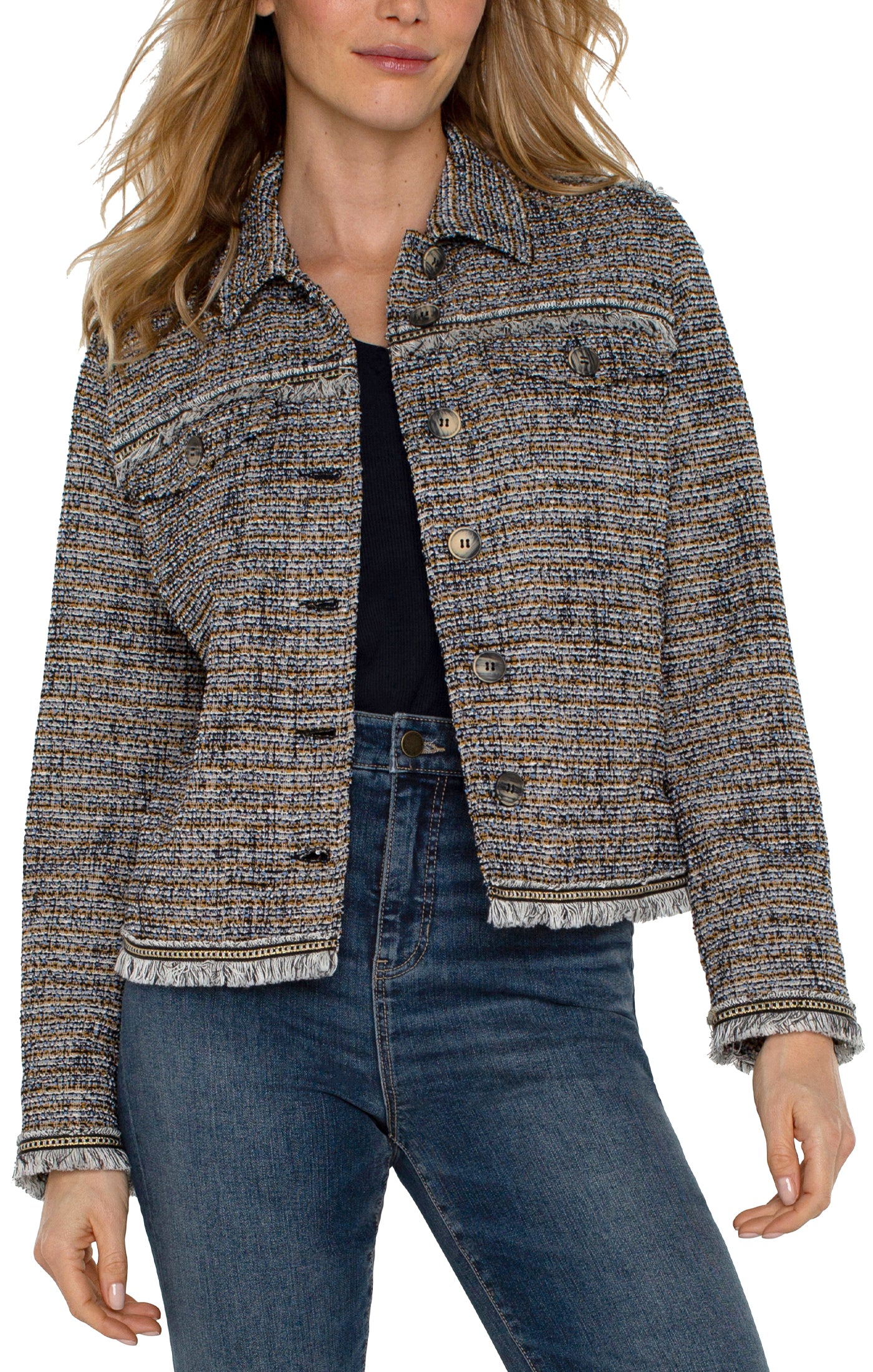 Lapis Boucle Trucker Jacket w/Fray Seaming