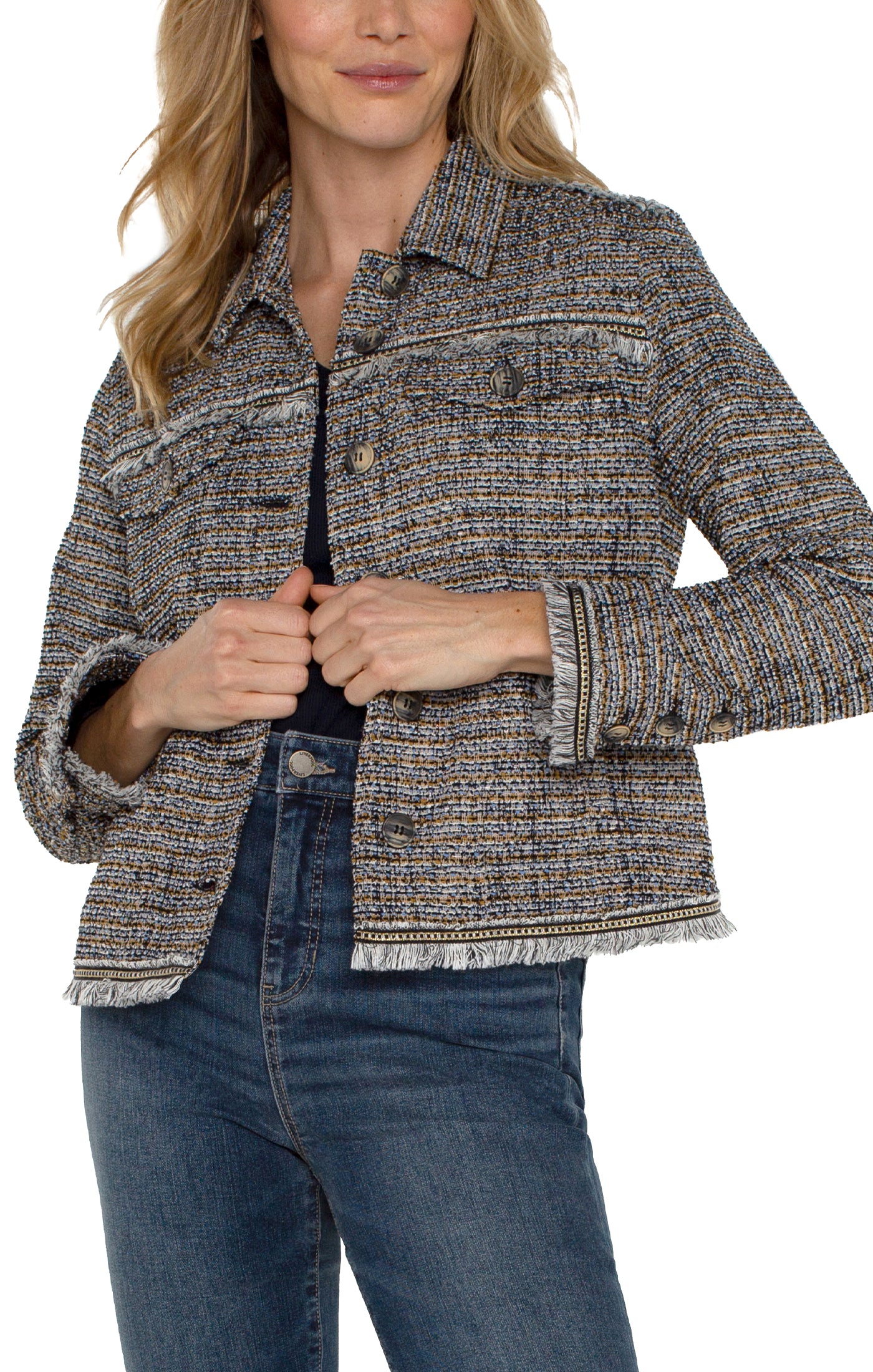 Lapis Boucle Trucker Jacket w/Fray Seaming