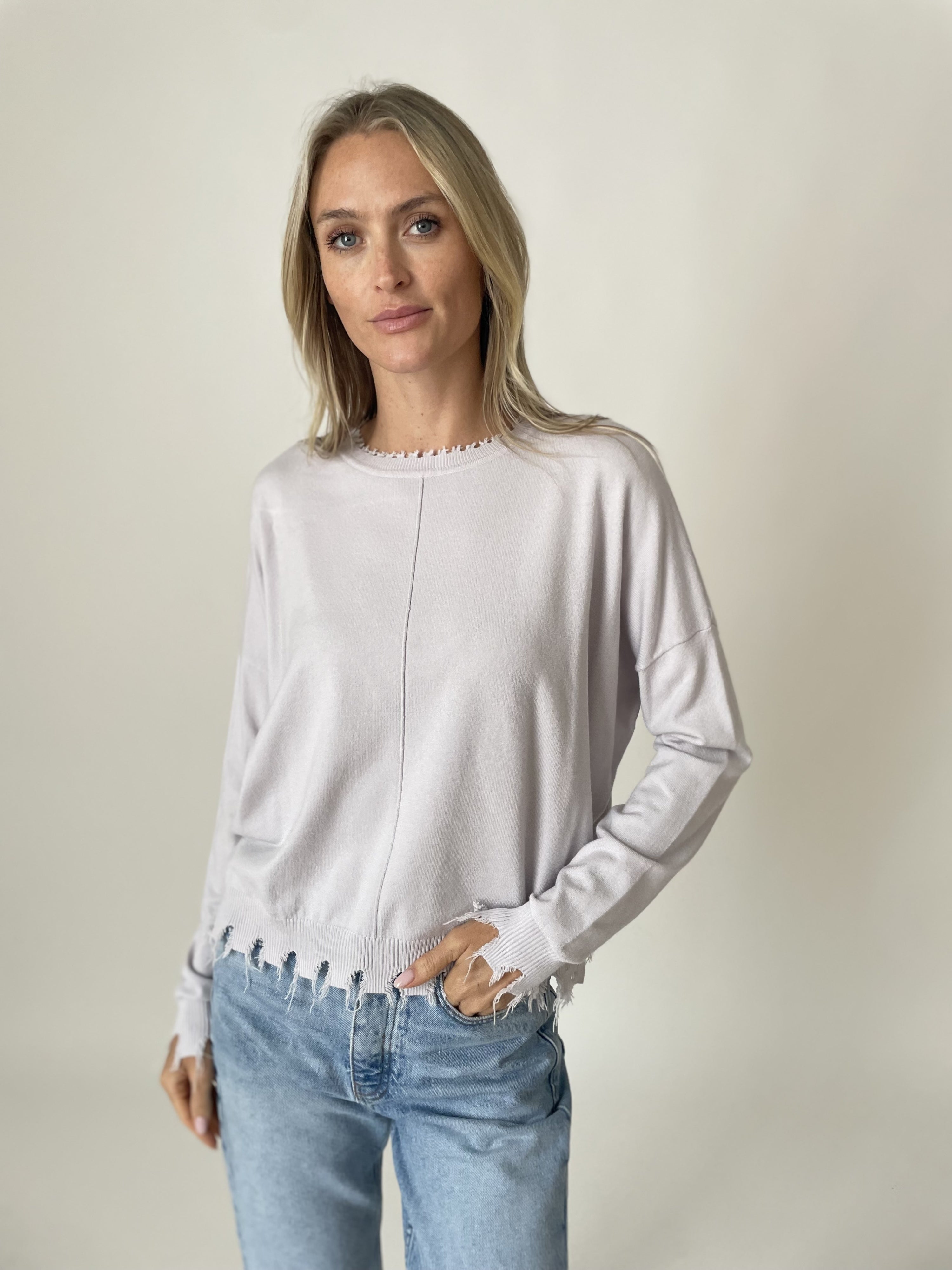 Andrea Heather Grey Fringed Top